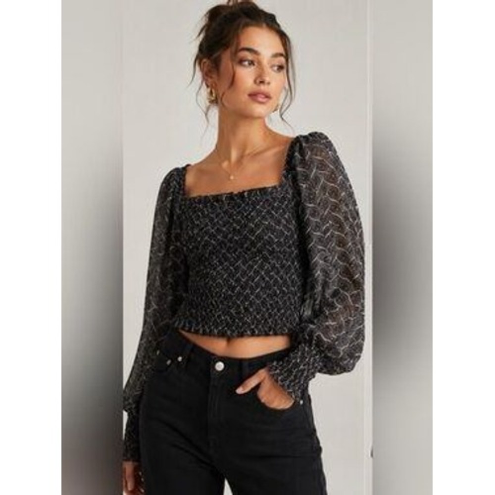 Anthropologie Rouen Puff Lng Sleeve Smocked Top XL Black Square Neck Regencycore